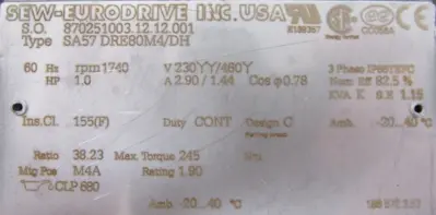 NEW SEW EURODRIVE SA57 DRE80M4/DH GEAR MOTOR 38.23:1 SA67DRE80M4DH