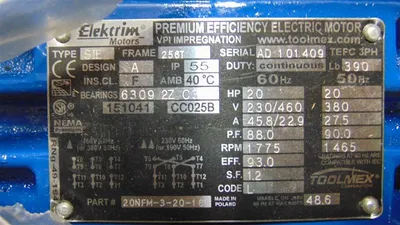 20 HP 151041 Elektrim Energy Efficient Electric Motor 256T Frame 1800 RPM New