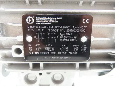 Rehfuss 80L/4-TF-FU-IE3 Gearmotor 0.9kW 230/460V 285 RPM 3PH Hollow Shaft