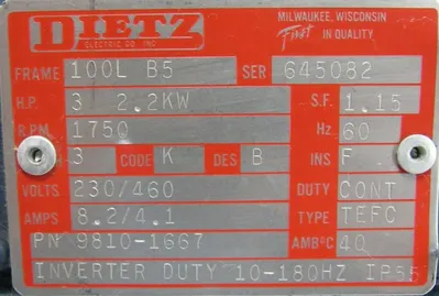 USED DIETZ 9810-1667 MOTOR 3HP 230/460V 100L B5 98101667