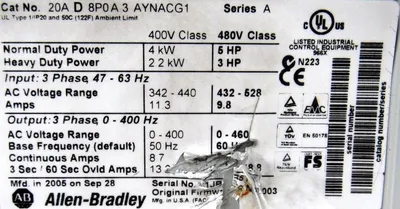 USED ALLEN BRADLEY 20A-D-8P0A-3-AYNACG1 POWERFLEX 70 20AD8P0A3AYNACG1 SERIES A