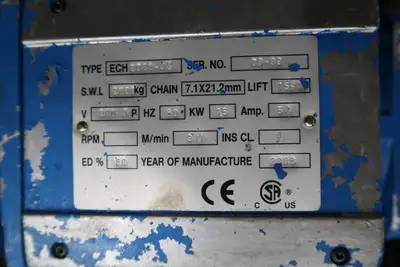 2 Ton Electric Chain Hoist 20 hp, 230 Volts, 15 FPM, ECH 2000-3S