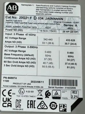 ALLEN BRADLEY 20G21FD034JA0NNNNN POWERFLEX 755TS SER. A 25HP UNUSED 20-HIM-C6S