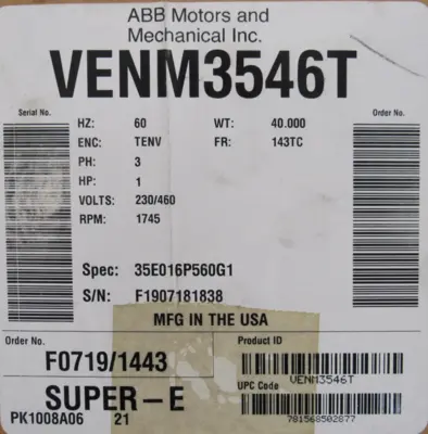NEW BALDOR VENM3546T MOTOR 1HP 230/460V 1745RPM 7/8" DIA.