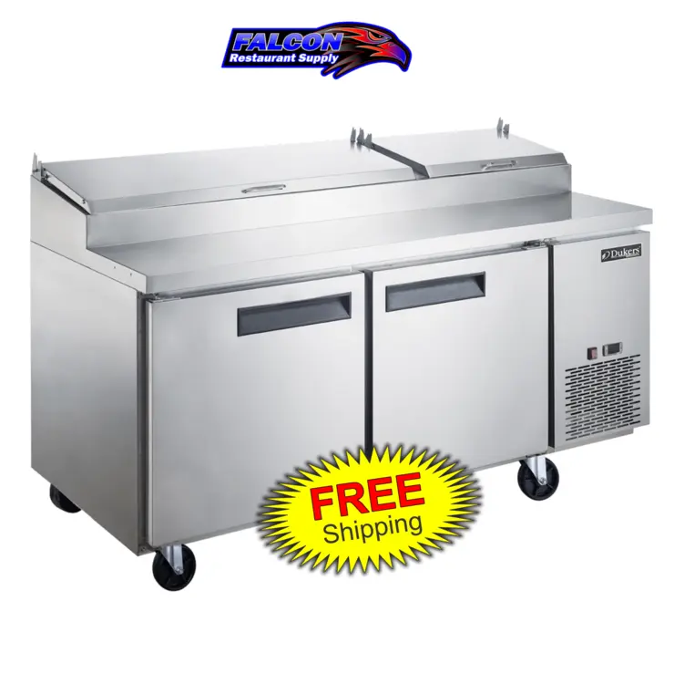 New | in-Stock Dukers New Dukers DPP70-9-S2 Commercial 2-Door Pizza Prep Table Refrigerated Food Prep Tables Illinois US | Falcon Restaurant Supply #1376289