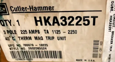 NEW CUTLER HAMMER HKA3225T TRIP UNIT 3 POLE 225AMPS