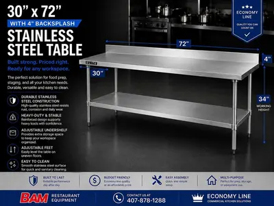 30”X72”4" Backsplash Stainless Steel Table