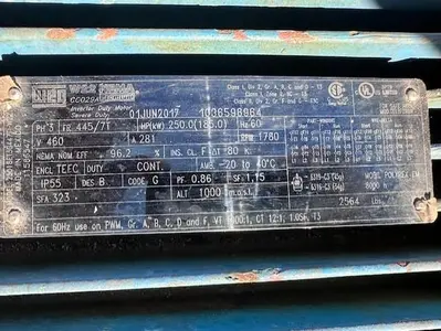 WEG 250 HP @ 1780 RPM Electric Motor SN 1036596964