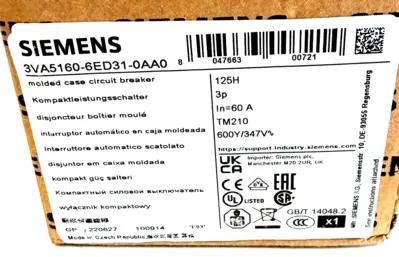 NEW SIEMENS 3VA5160-6ED31-0AA0 CIRCUIT BREAKER 125H 3P 3VA51606ED310AA0