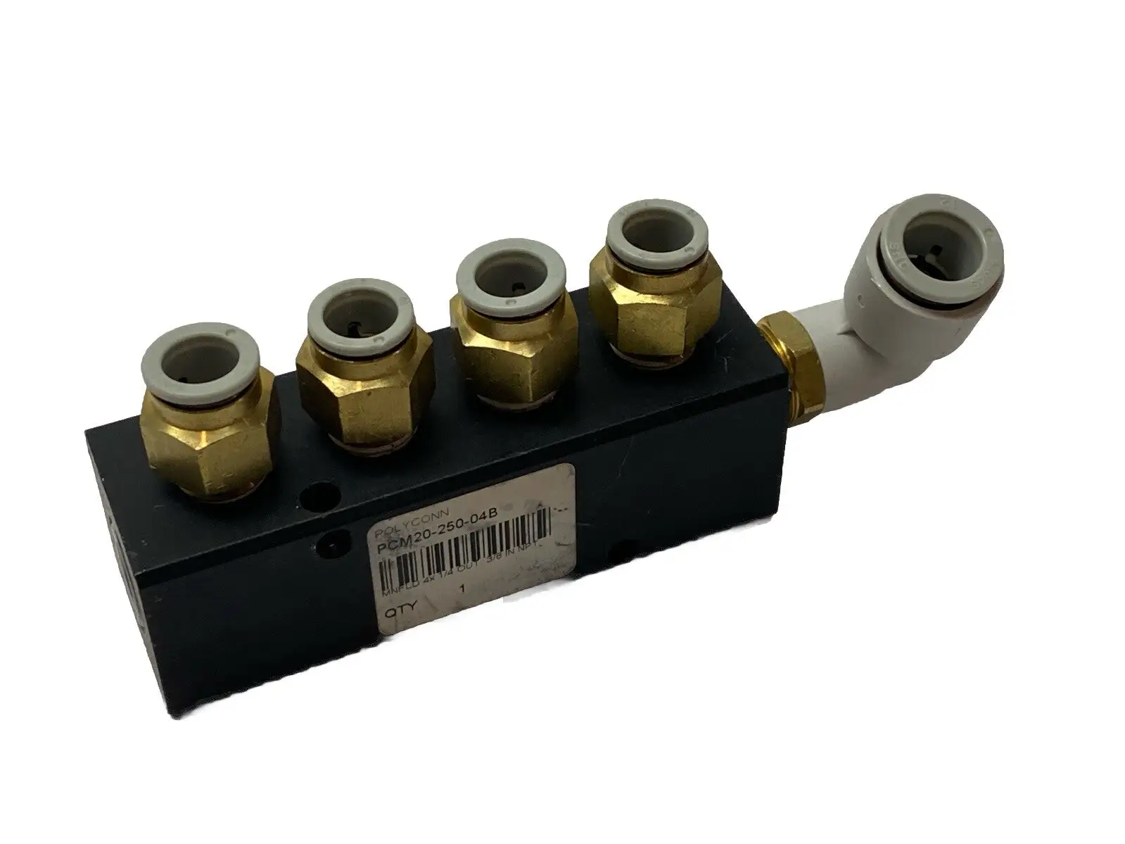 PCM20-250-04B | Polyconn  Pneumatic Manifold, 4x 1/4" NPT Out , 3/8"NPT IN - Used