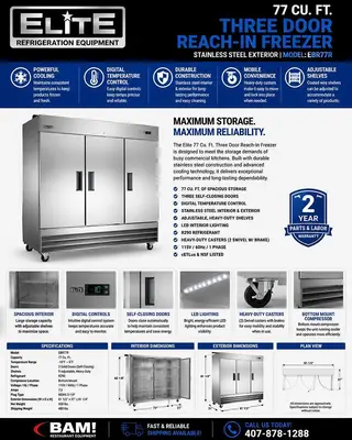 Elite Stainless Steel Three Door Reach-In Freezer