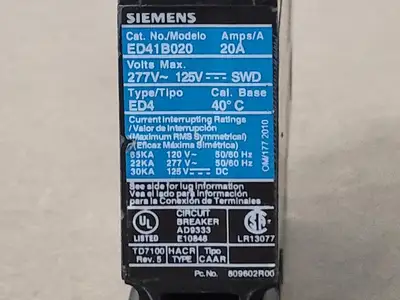Used SIEMENS ED41B020 Switchgears British Columbia CA | Lenmark #242123