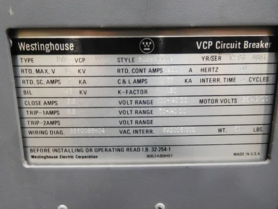 Used WESTINGHOUSE 150 VCP 1000 Circuit Breakers Ohio US | Equipment Recovery Corp. #1330486