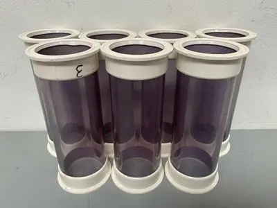 USED ACRYLIC 0.4 LITER CHROMATOGRAPHY BUBBLE TRAPS 2.5" X 6" W/ SANITARY FITS