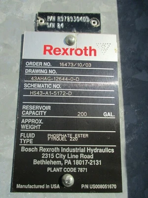 15 GPM Rexroth #HS43-A1-5172-D, 4000 psi, hydraulic pump, 200 gallon capacity