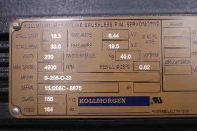 KOLLMORGEN B-206-C-22 Goldline Brushless P.M Servomotor STOCK H1197
