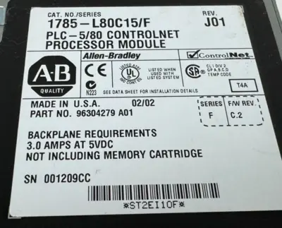 USED ALLEN BRADLEY 1785-L80C15/F CONTROLNET PROCESSOR W/ 1785-ENET
