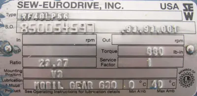 USED SEW EURODRIVE RF40LP56 GEAR REDUCER 23.37:1 1" DIA.