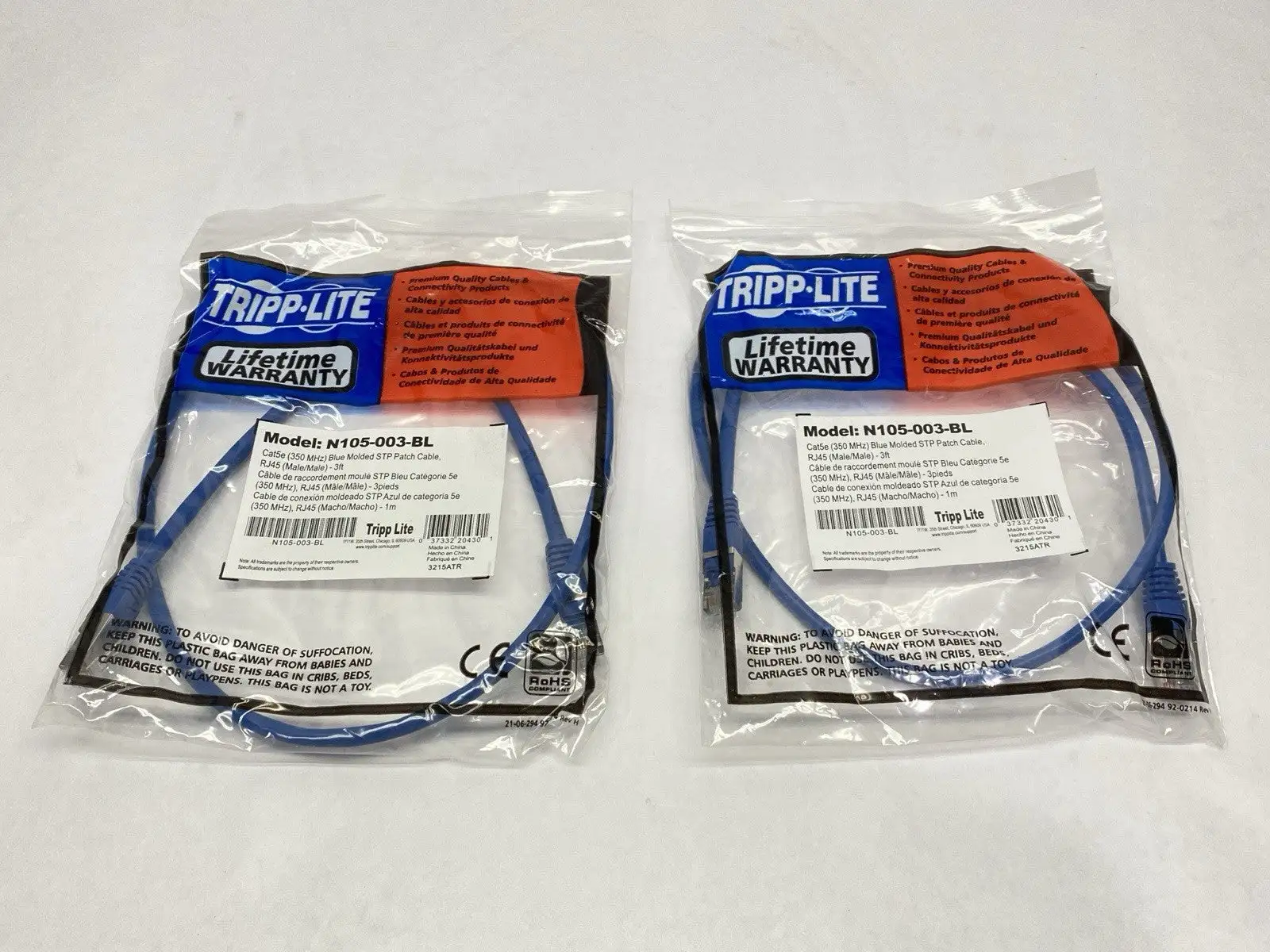 NEW EATON TRIPP LITE CAT5E BLUE MOLDED STP PATCH CABLE RJ45 3FT LOT OF 2