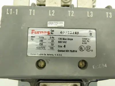 Furnas 40JB32AF Motor Starter Contactor 135A 600VAC 3ph 100Hp NEMA 4 120V Coil