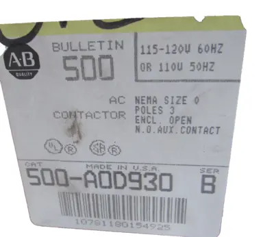 ALLEN BRADLEY 500-AOD930 CONTACTOR SER.B 500AOD930 NEW, SURPLUS
