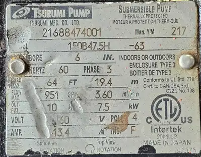 USED Tsurumi Submersible pump 150B47.5H -63