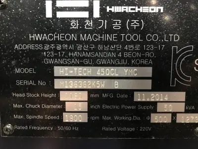 Used 2015 HWACHEON HI - TECH 450CL YMC CNC Lathes Minnesota US | Orca Machine Tools, Inc. #1262816