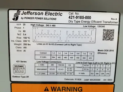 Factory New 25 KVA Single Phase Dry Type Transformer Primary 240 x 480 Secondary 120 / 240 10 Year Warranty 421-9185-000