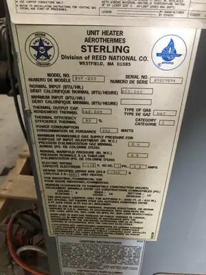 Sterling QVF-200 Unit Heater 160,000/200,000BTUH 230W 115V 1PH