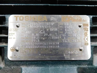 Toshiba 0034XDSB41A-P Motor 3 HP 2.2kW 1760 RPM 3600 max. RPM Damaged Fin Used