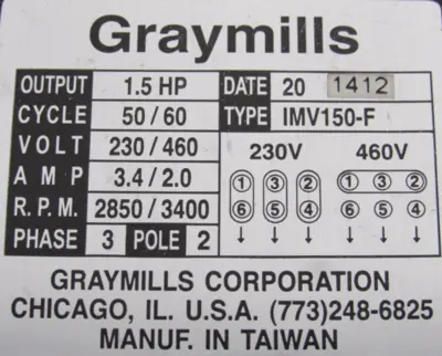 NEW GRAYMILLS IMV150-F COOLANT PUMP 1.5HP 230/460V IMV150F