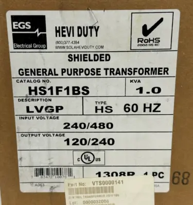 NEW EMERSON SOLA HS1F1BS TRANSFORMER 1.0KVA LVGP HS 120/480V