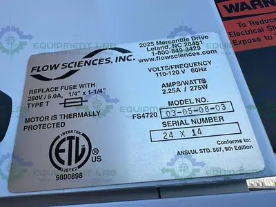 USED FLOW SCIENCES FSI11600 6 FT TOP MOUNT VENTED BALANCE SAFETY ENCLOSURE