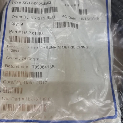 (9)Air ,Water P-140 O-Ring New In Bag 5.7x139 Nina 70 Metric O-ring.