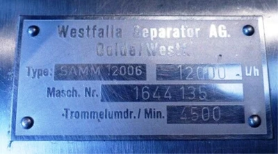 Westfalia SAMM 12006 warm milk separator, 316SS.