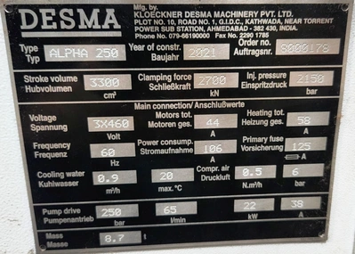 300 Ton/3300 cc Desma Alpha 250 Injection Press, Item # 1980