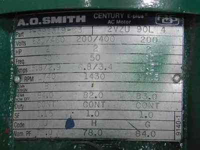 A.O. Smith F-391319-63 AC Motor 2HP 1740 RPM 230/460V 5.8/2.9A Pulley Shaft Used