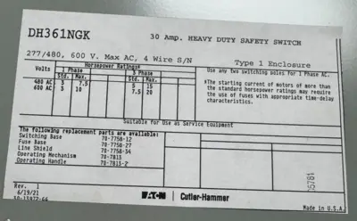 NEW EATON CUTLER HAMMER DH361NGK HEAVY DUTY SAFETY SWITCH 30A 600V