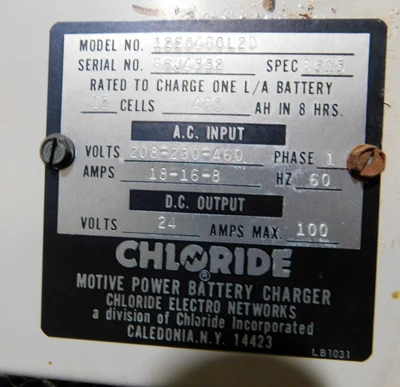 USED CHLORIDE 24 VOL BATTERY CHARGER BATTERY CHARGER