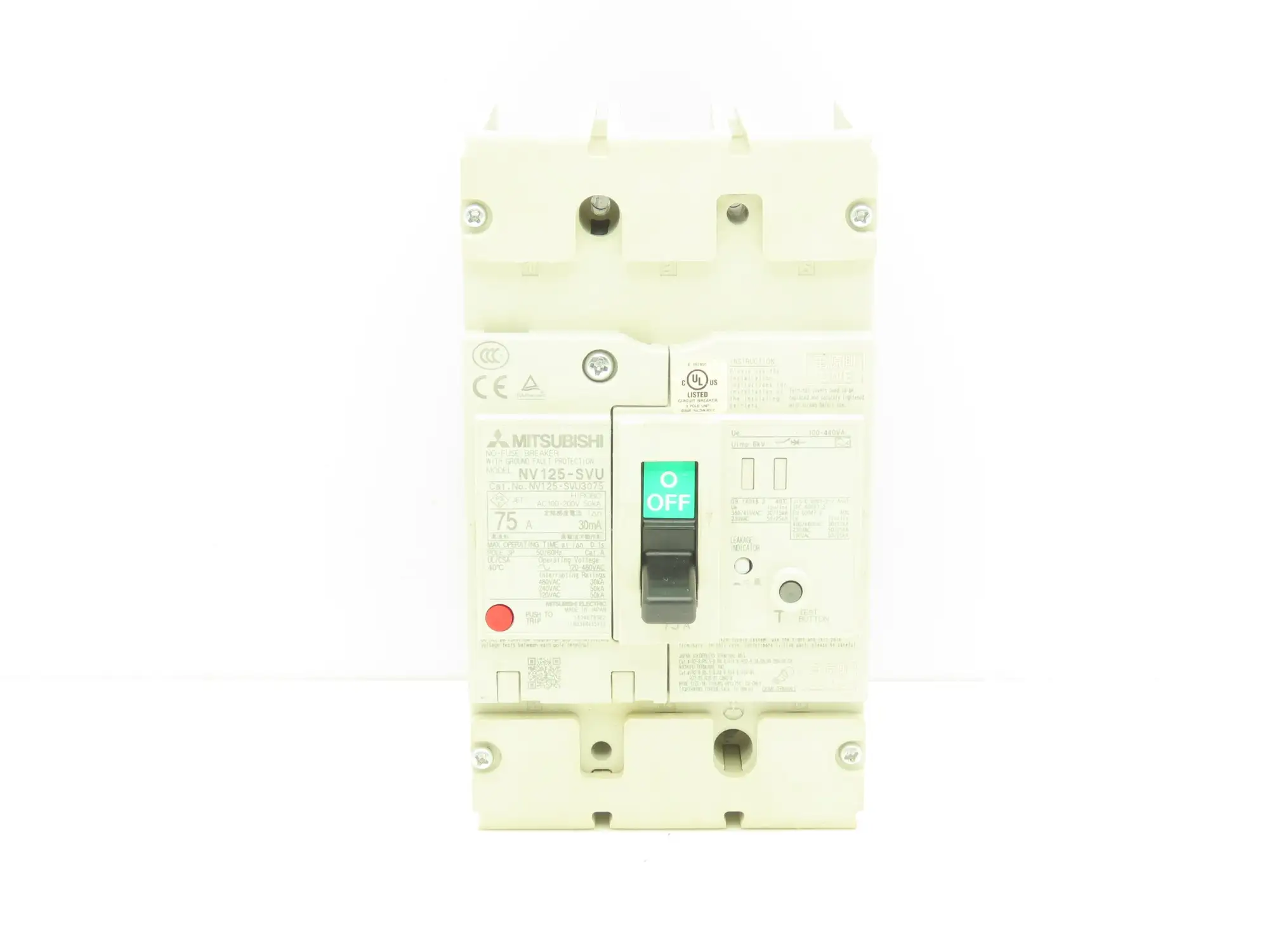 Mitsubishi NV125-SVU3075 Earth Leakage Circuit Breaker 3-Pole 75A 120-480VAC