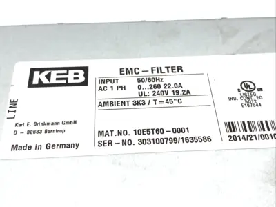 10E5T60-0001 | KEB  EMC Filter AC 1PH 240V -  Used