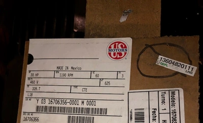 30 hp 1190 rpm 460v Frame 326T US Motors AC Motor , Unused