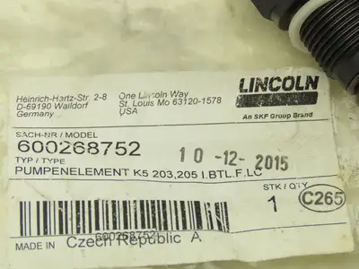 Lincoln 600268752 Pump Element 5mm Piston Dia Oil Or Grease .122 cu-in/min