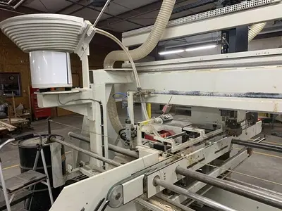 KOCH SBD-B DOUBLE-END FEED-THROUGH TRIM, BORE, GLUE, & DOWEL MACHINE