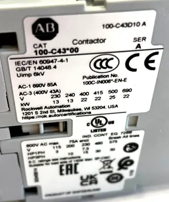 ALLEN BRADLEY 100-C43D10 CONTACTOR SER. A 100C43D10 NEW, SURPLUS