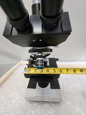 SPLIT FIELD MICROSCOPE WITH EYE PIECES, 4X4 ILLUMINATED STAGE, 3 OBJECTIVES