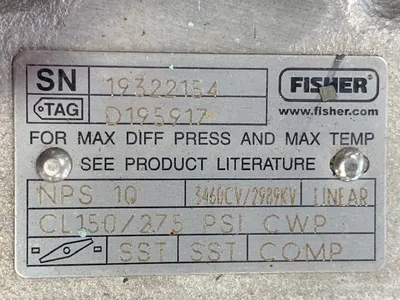 10" Fisher Butterfly Valve, Stainless, New Storeroom Spare