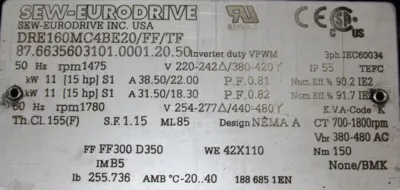NEW SEW EURODRIVE DRE160MC4BE20/FF/TF MOTOR 15HP 220-420V