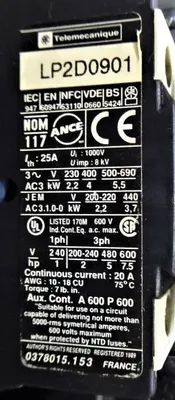 7.5 HP Telemecanique LP1 D0901 Reversing Contactor Assembly 1000V 8kV Used