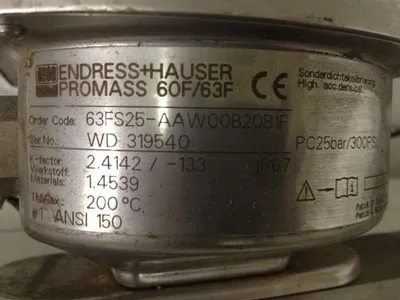 ENDRESS+HAUSER PROMASS 60F/63F, ORDER CODE 63FS25-AAWOOB20B1F, K FACTOR 2.4142/ -133, 1", PC25bar/300 psi Flowmeter